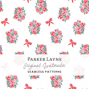 Rosa vermelha de Natal, buquê de laços com padrão sem costura, aquarela floral natalina, flor cottagecore pintada à mão, arquivo de repetição de Natal, Parker Layne