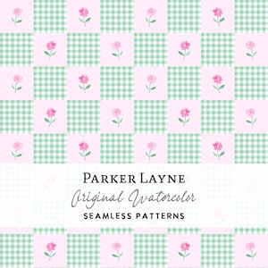May include: A seamless pattern featuring pink flowers on a green and white gingham background. The text "PARKER LAYNE Original Watercolor SEAMLESS PATTERNS" is at the bottom of the image.