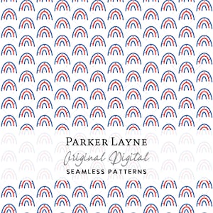 May include: A seamless pattern featuring a repeating design of red and blue half-circles on a white background. The text "PARKER LAYNE Original Digital Seamless Patterns" is at the bottom of the image.