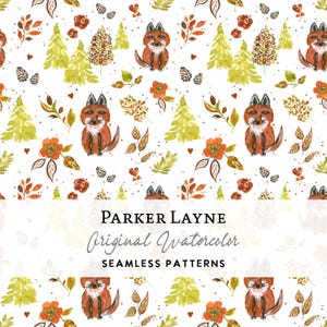 Motivo senza soluzione di continuità con volpe rossa nella foresta, motivo floreale ad acquerello ripetuto, fiori, foglie e alberi dipinti a mano, Parker Layne