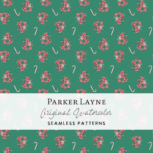 Rosa de Natal em formato de bastão de doces, padrão sem costura, aquarela floral natalina, buquê de flores cottagecore pintado à mão, Parker Layne