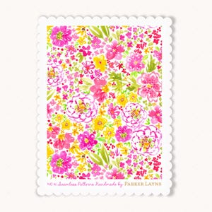 May include: A floral pattern featuring a watercolor design with pink, yellow, and green flowers on a white background. The design includes various sizes of blooms and foliage. The image is framed with a scalloped edge and includes the text "NO AI Seamless Patterns Handmade by PARKER LAYNE."