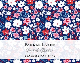 4th of July Ditsy Floral Seamless Pattern: Red, White & Blue Watercolor ...
