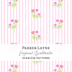 Naadloos krijtstreeptulpenpatroon, bloemenaquarel, flirt zomer, vintage, gestreepte seersucker, roze bloemenboeket