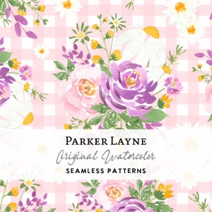 Pink Gingham Floral Seamless Pattern: Watercolor Roses (Digital Download)