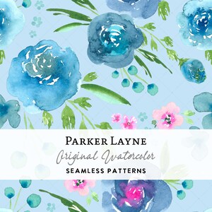 Fichier sans couture floral bleu et rose, roses aquarelles et fleurs sauvages, maximalisme, fichier de répétition lumineux, été et printemps, téléchargement numérique
