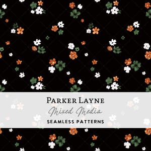 Motif floral sans couture noir, aquarelle d'automne, répétition de la saison fantasmagorique, art technique mixte noir, assortie à un motif citrouille, Parker Layne