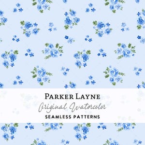 Motivo floreale blu Farmcore senza cuciture, stile Feedsack anni '30, Coquette Urban Gardener, fiori di campagna dipinti a mano