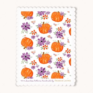May include: A seamless pattern featuring watercolor pumpkins in shades of orange, adorned with purple and orange flowers, set against a white background. The design includes the text "NO AI Seamless Patterns Handmade by PARKER LAYNE."