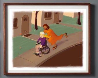 Jesus having fun with a friend in a wheelchair