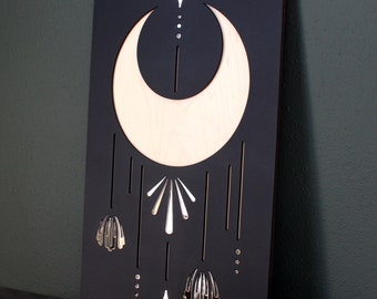 Celestial Moon Wood Sign with Mirror Details | Moon Magic Wall Hanging