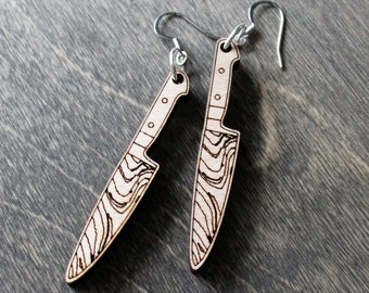 Knife Wood Earrings | Lightweight Damascus Knife Pattern Wood Earrings | Decorative Knife Art