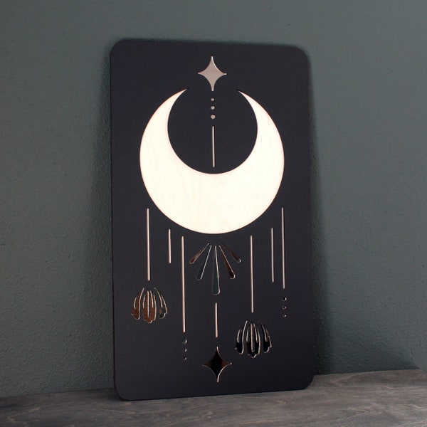 Celestial Moon Wood Sign with Mirror Details | Moon Magic Wall Hanging