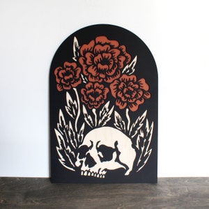 Skull Flower Arch Sign |  Wood Wall Hanging