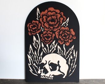 Skull Flower Arch Sign |  Wood Wall Hanging