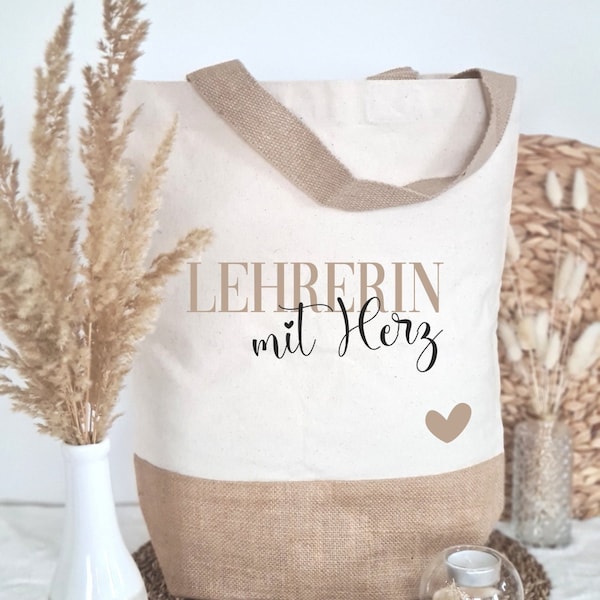 Lehrerin mit Herz Shopper personalisiert aus Jute als Geschenk