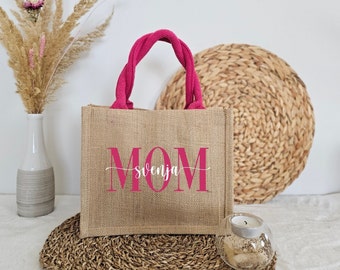 Mom mit Herz Shopper personalisiert aus Jute Nature/ Pink als Geschenk