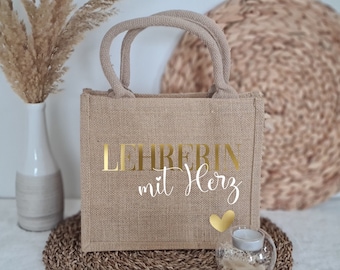 Lehrerin mit Herz - Shopper personalisiert aus Jute mit Glitzer als Geschenk