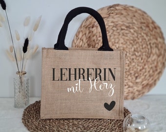 Professeur avec coeur shopper personnalisé en Jute Nature/Noir comme cadeau