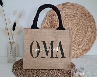 Oma mit Herz Shopper personalisiert aus Jute Nature/ Black als Geschenk