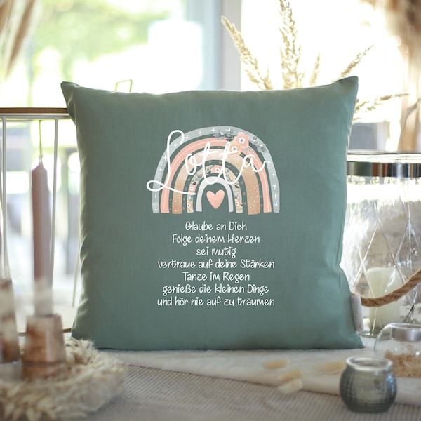 Kissen zur Kommunion mit Boho Regenbogen | personalisiert | als Geschenk | 100% Baumwolle