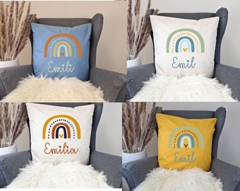 Kissen Kinder individuell personalisiert Regenbogen Rainbow Kupfer, Rost, Senf, mint, blau und grün vintage mit Namen nach Wunsch Geschenk