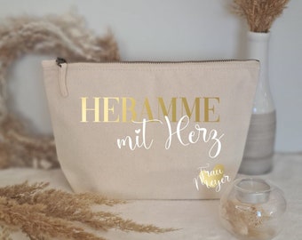 Kosmetiktasche Hebamme mit Herz Natur personalisiert als Geschenk