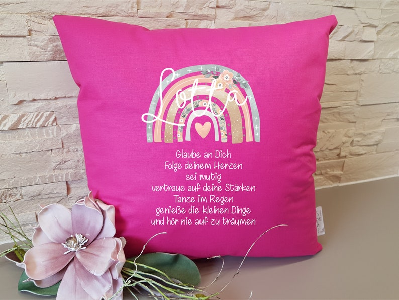 Kissen zur Kommunion mit Boho Regenbogen personalisiert als Geschenk 100% Baumwolle pink