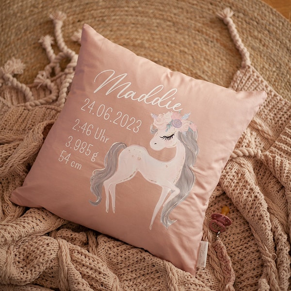 Kissen zur Geburt Pony individuell personalisiert Mächen Kind rosa mit Namen und Geburtsdaten nach Wunsch Geschenk ohne Füllung