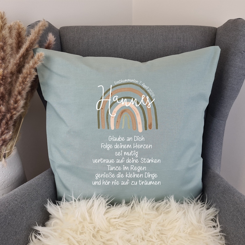 Communion pillow Boho rainbow personalized as a gift 100% cotton jade