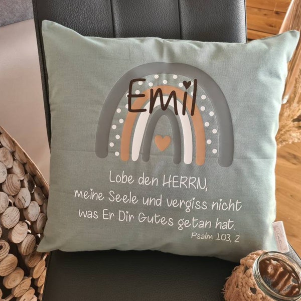 Kissenhülle hellblau - babyblau zur Taufe  - Regenbogen - Taufspruch - individuell- personalisisert, Geschenk - Geschenkidee, silber-grau