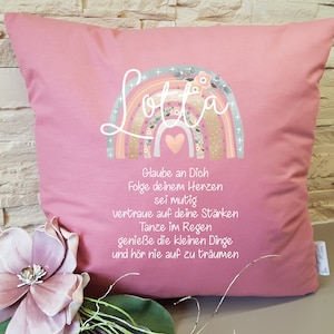 Kissen zur Kommunion mit Boho Regenbogen personalisiert als Geschenk 100% Baumwolle beere