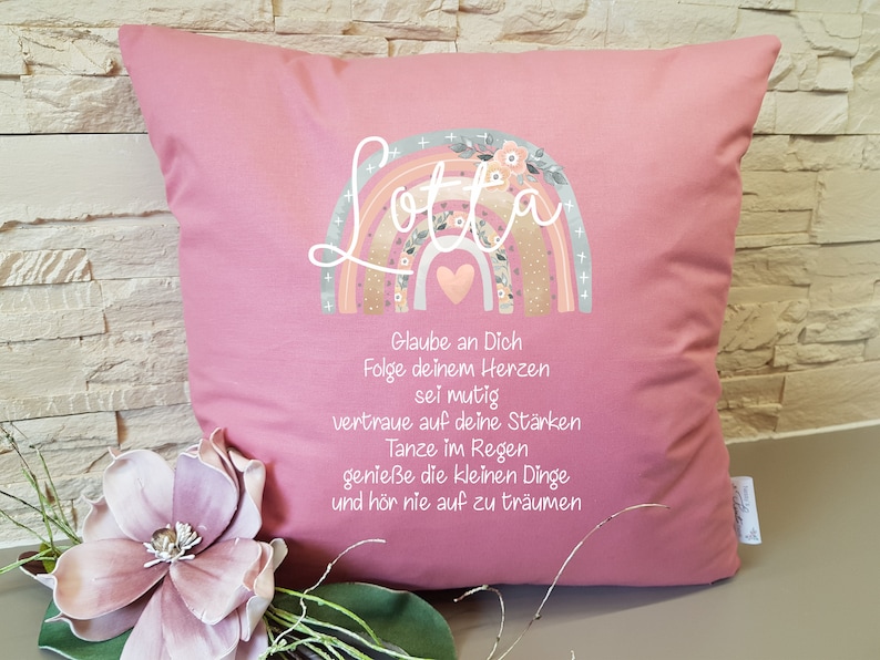 Kissen zur Kommunion mit Boho Regenbogen personalisiert als Geschenk 100% Baumwolle Bild 1