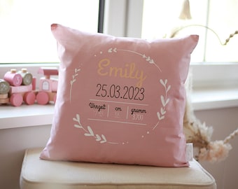 Oreiller pour la naissance individuellement vrille de fleurs en or rose personnalisé fille enfant rose avec nom et dates de naissance comme cadeau souhaité