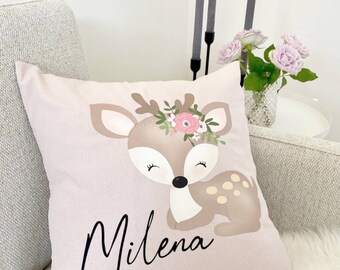 Pillow decoration individually personalized Bambi deeries girl child animal animal pink with name as desired gift