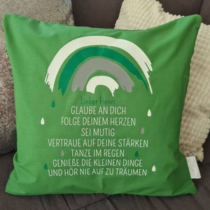 Kissen zur Kommunion Regenbogen personalisiert als Geschenk 100% Baumwolle oliv-grau-moos