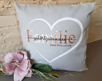 Pillow decoration individually personalized family family with name grey pink light grey as desired gift