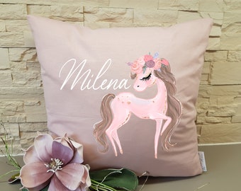 Kissen Deko individuell personalisiert Pony Blumen Mächen Girl rosa - lila -weiß mit Namen nach Wunsch Geschenk