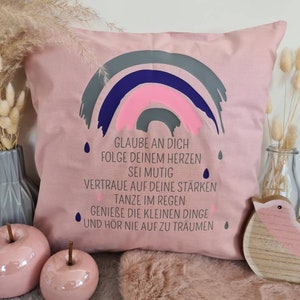Kissen zur Kommunion Regenbogen personalisiert als Geschenk 100% Baumwolle rose-rosa-lila