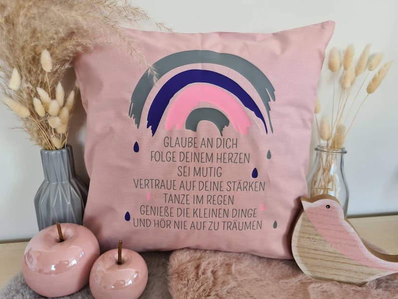 Kissen zur Kommunion Regenbogen personalisiert als Geschenk 100% Baumwolle rose-rosa-lila