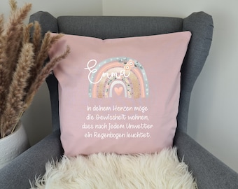 Kissen für Mädchen individuell personalisiert | Regenbogen Rainbow  Boho floral mit Taufspruch - mit Namen, Geschenk, Taufe | 100% Baumwolle