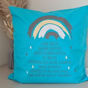Kissen zur Kommunion Regenbogen personalisiert als Geschenk 100% Baumwolle türkis-weiß-creme