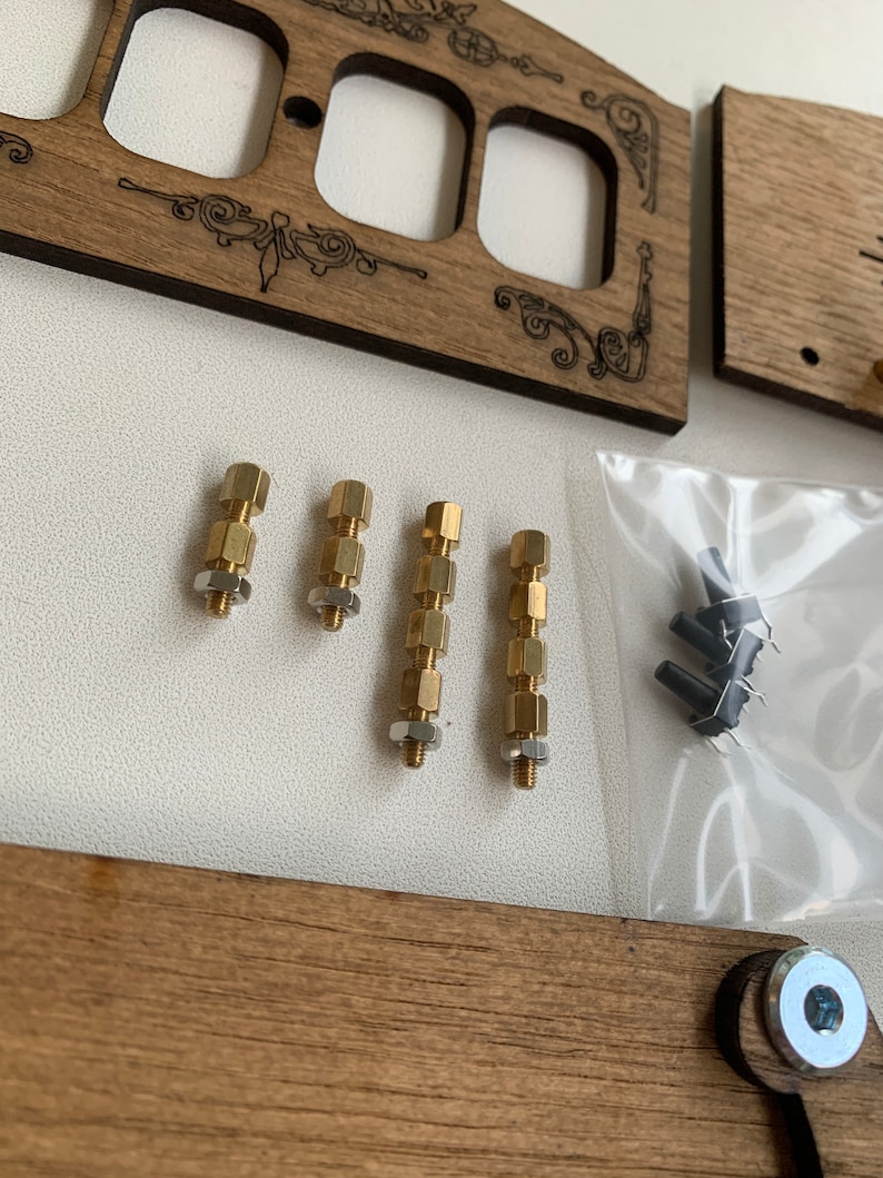 May include: Wooden electrical outlet covers with decorative etched designs. The image also shows brass standoffs, nuts, and small black components in a clear plastic bag. The wood has a natural grain.