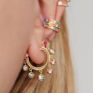 Rainbow gold hoops, chandelier hoops, rainbow earrings, multicolor, gold earrings, gold huggies, drop earrings, gold hoop earrings, pendant