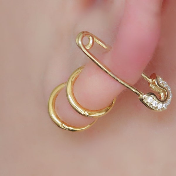 925 earrings, safety pin hoops, dainty, Tiny, cz gold earrings, safety pin, safety Pin earrings, gold hoop earrings, cz huggies, minimal pin