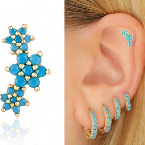 flower studs, gold stud earrings, turquoise studs, triple flower, cz studs, dainty stud earrings, minimal, cartilage piercing