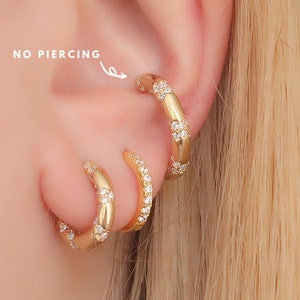 925 earrings, Chunky ear cuff, gold earcuff, gold earring, gold hoop earring, no piercing, silver hoops, silver earrings, rainbow