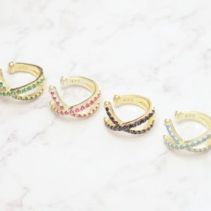 925 boucles d’oreilles, croix EARCUFF, earcuff or, turquoise, vert émeraude, rose, noir, réglable, cartilage, pas de piercing, cerceaux ouverts, trottoir