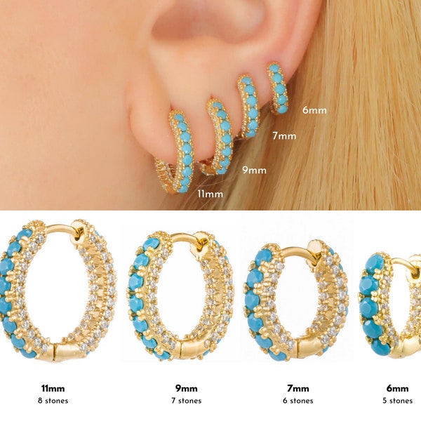 Turquoise hoops, Turquoise huggies, dainty, minimal, gold huggies, tiny hoops, pave, cz, cz gold earrings, gold hoop earrings, small, tiny