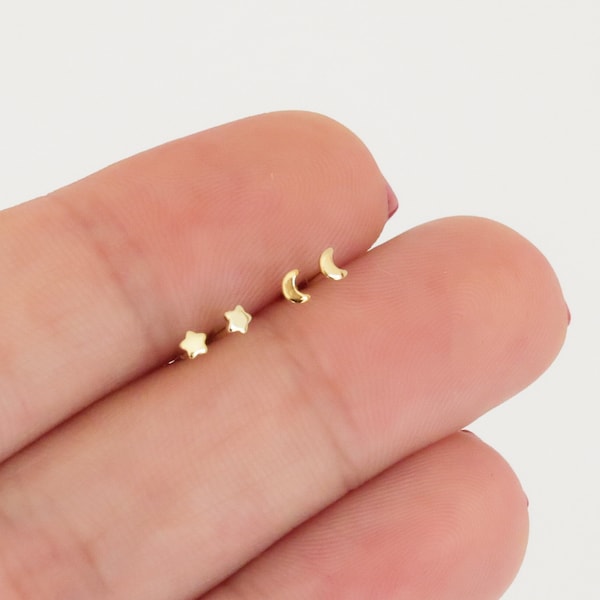 tiny studs, gold stud earrings, star studs, moon studs, dainty studs, dainty stud earrings, minimalist studs, very small studs, micro studs